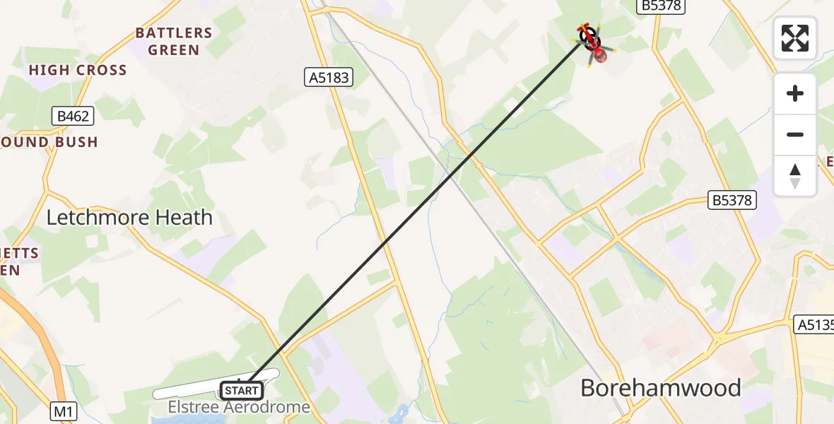 Flight route Air Ambulance Helicopter Elstree Airfield - Borehamwood, 19 August 2026, 14:40