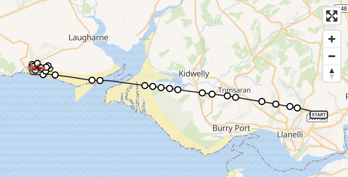 Flight route Air Ambulance Helicopter Dafen - Pendine, 19 August 2026, 14:45