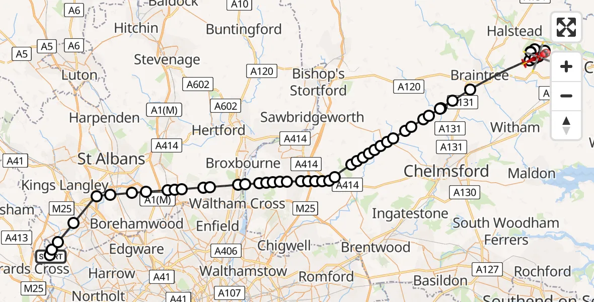 Flight route Air Ambulance Helicopter Harefield Hospital - Coggeshall, 19 August 2026, 14:45