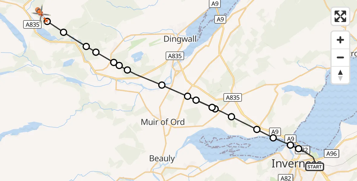 Flight route Coastguard Helicopter Inverness - Garve, 19 August 2026, 14:51