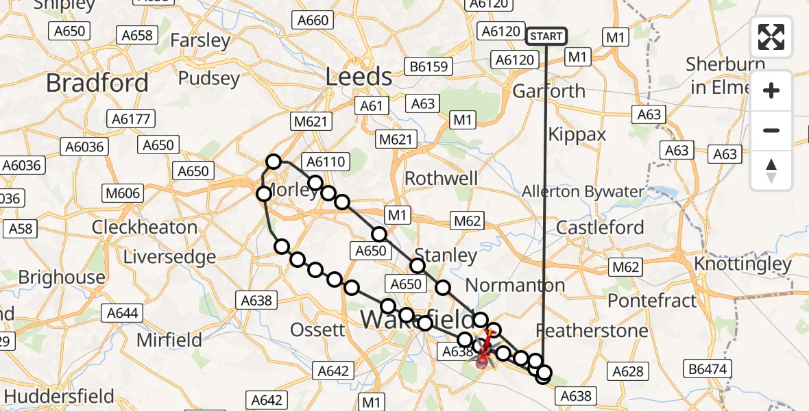 Flight route Air Ambulance Helicopter Barwick in Elmet - New Sharlston, 19 August 2026, 14:54