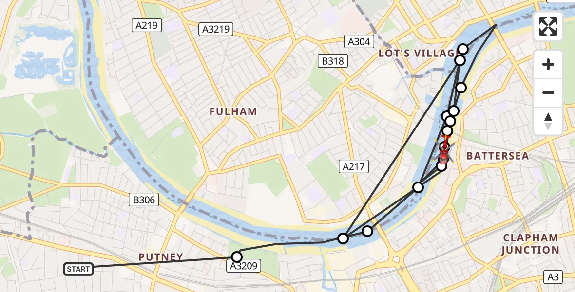 Flight route Air Ambulance Helicopter Putney - Battersea, 19 August 2026, 15:02