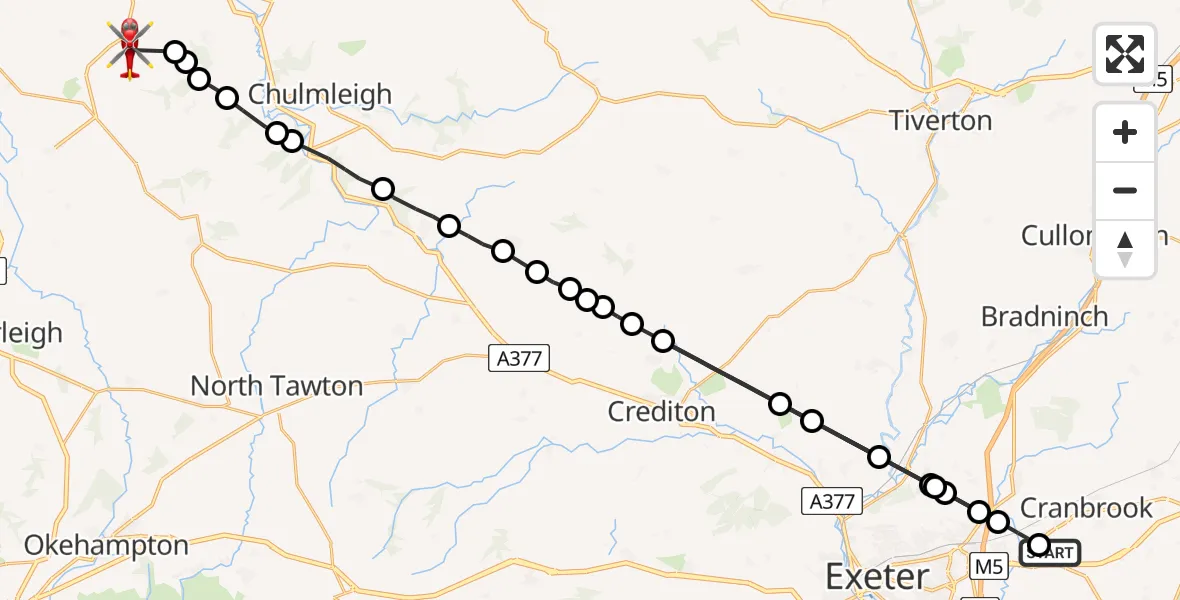 Flight route Air Ambulance Helicopter Exeter International Airport - Eaglescott Airfield, 19 August 2026, 15:07