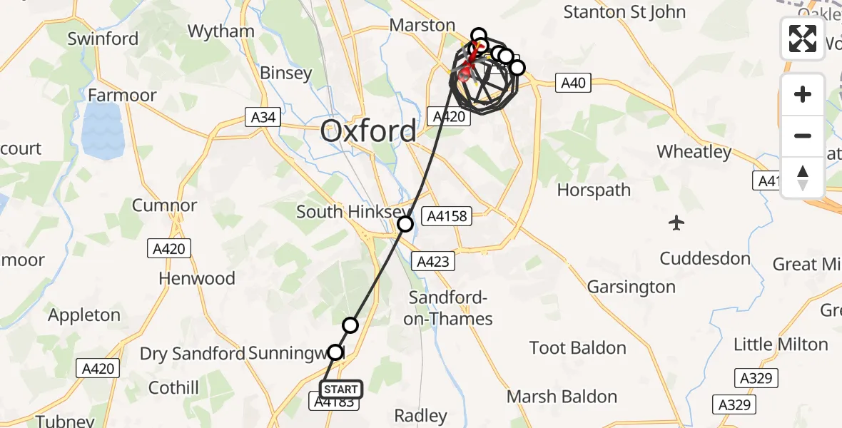 Flight route Air Ambulance Helicopter Abingdon - Oxford, 19 August 2026, 15:11