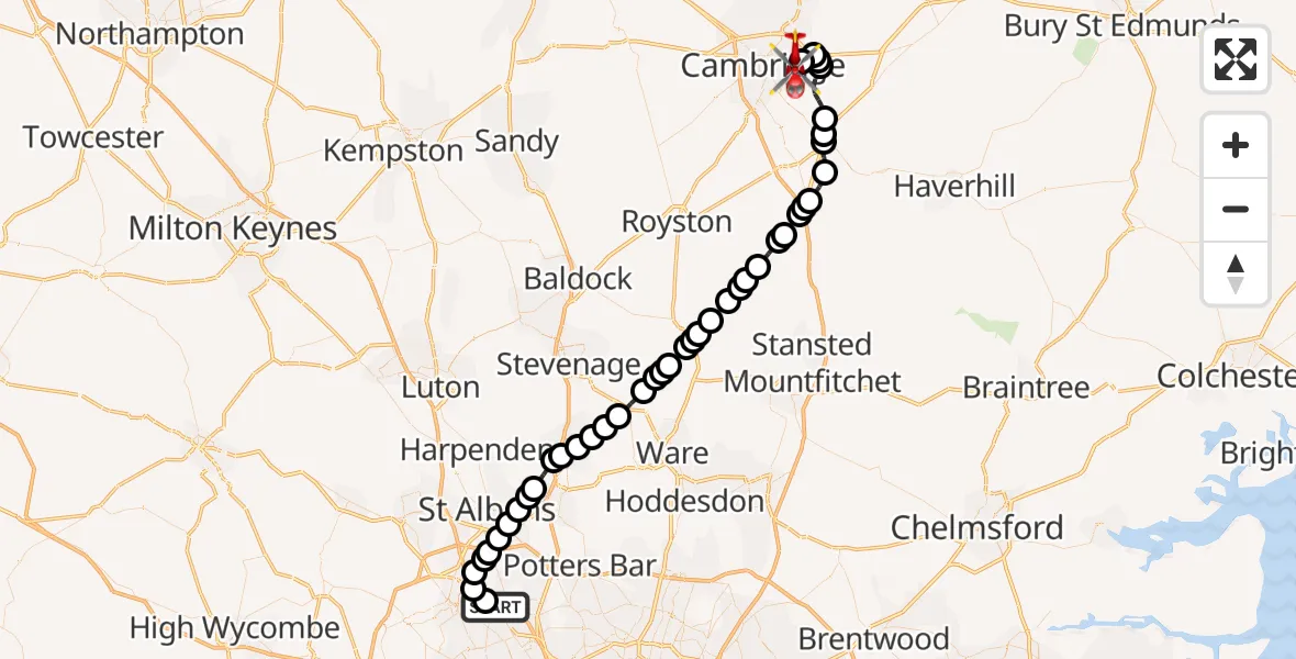 Flight route Air Ambulance Helicopter Elstree Airfield - Cambridge City Airport, 19 August 2026, 15:13
