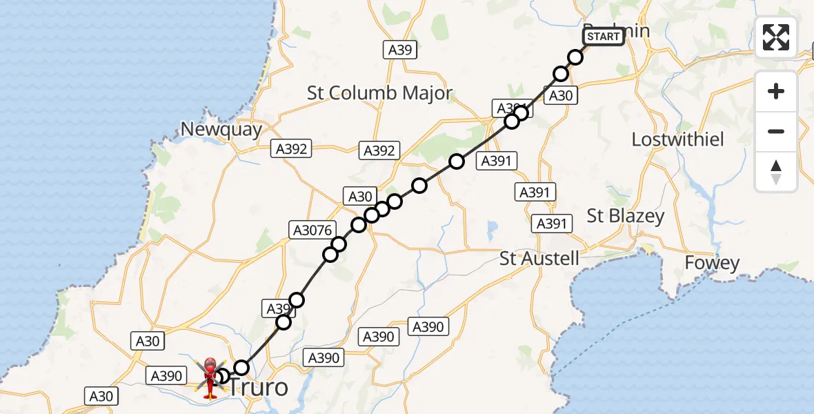 Flight route Air Ambulance Helicopter Bodmin - Treliske Hospital, 19 August 2026, 15:16