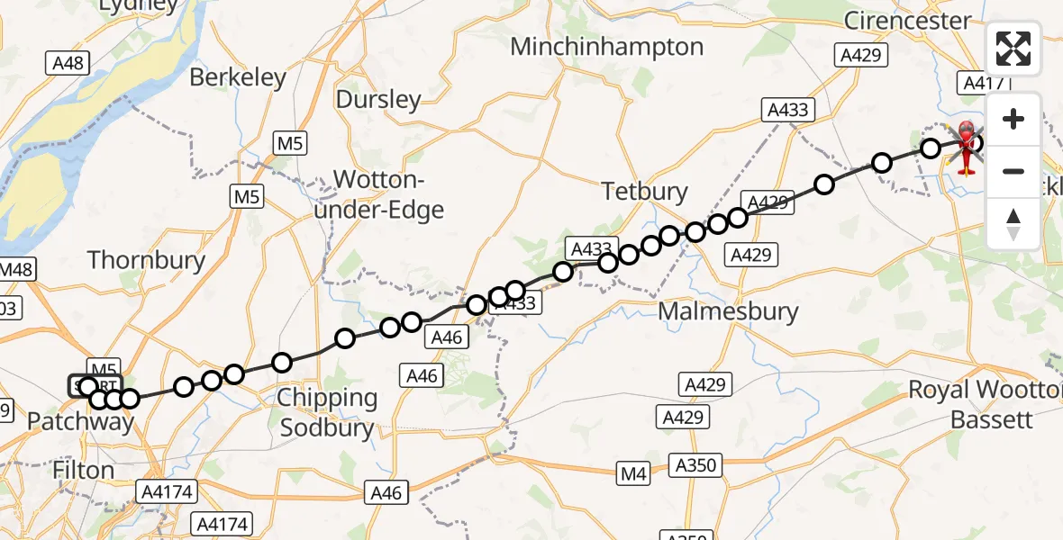 Flight route Air Ambulance Helicopter Almondsbury Helicopter Base - South Cerney, 19 August 2026, 15:21