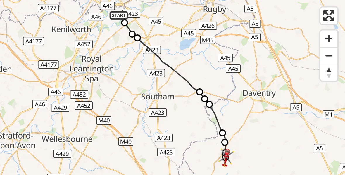 Flight route Air Ambulance Helicopter Coventry Airport - Byfield, 19 August 2026, 15:25