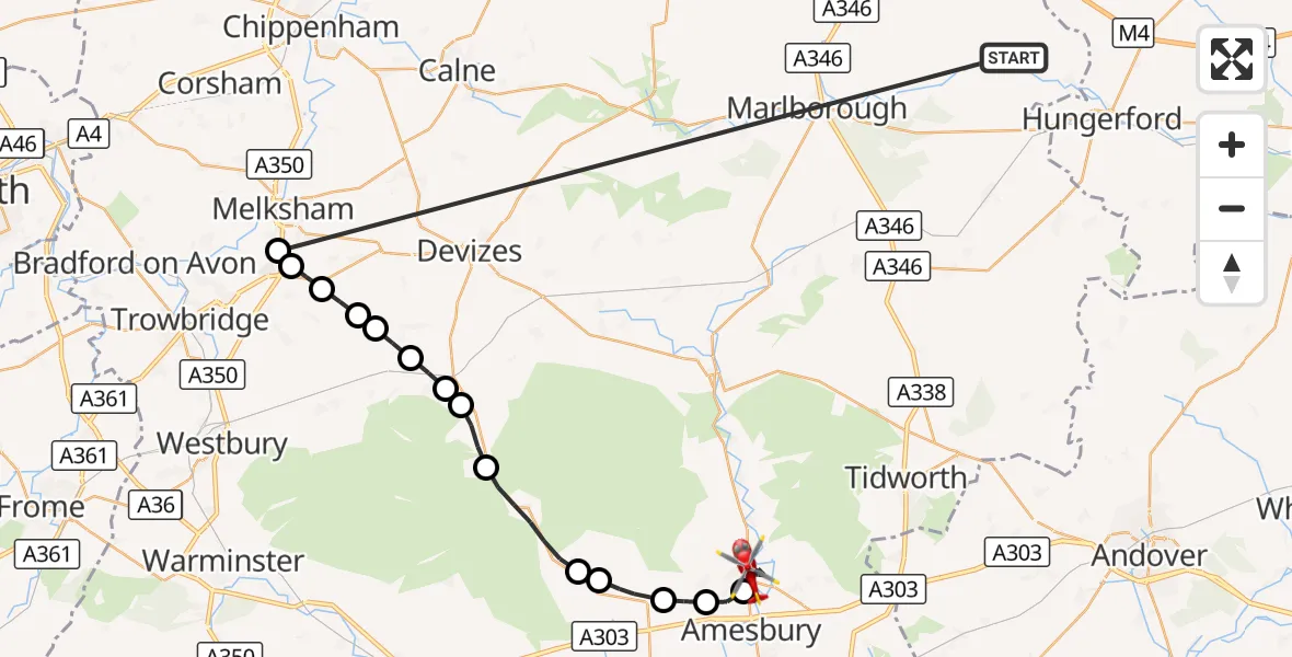 Flight route Air Ambulance Helicopter Ramsbury - Durrington, 19 August 2026, 15:25
