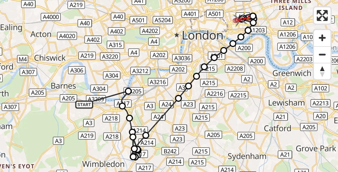 Flight route Air Ambulance Helicopter Putney - Royal London Hospital, 19 August 2026, 15:30