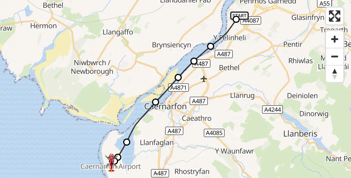 Flight route Air Ambulance Helicopter Aber Pwll - Caernarfon Airport, 19 August 2026, 15:39