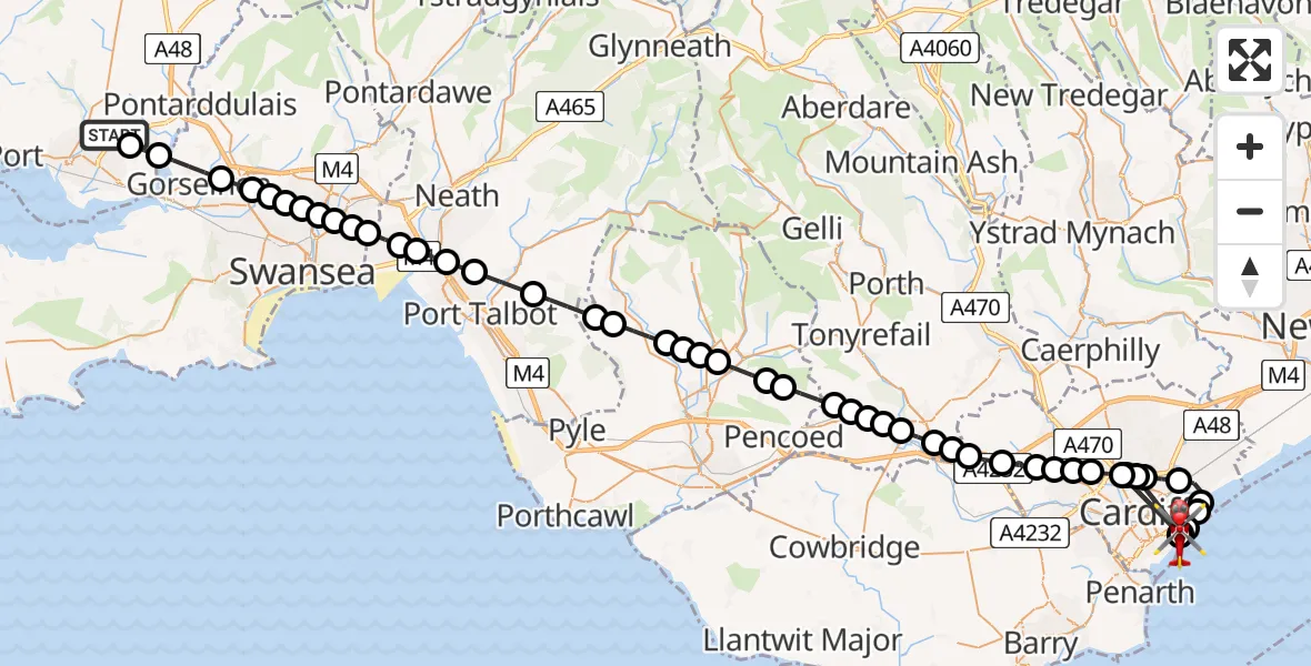 Flight route Air Ambulance Helicopter Dafen - Cardiff Heliport, 19 August 2026, 15:47