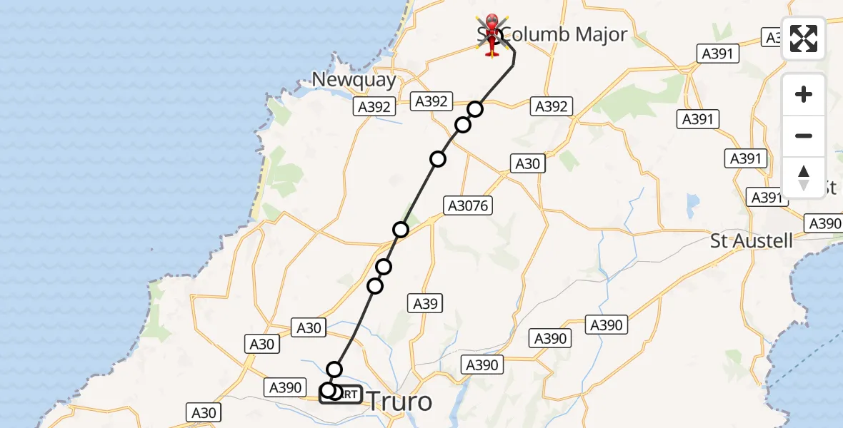 Flight route Air Ambulance Helicopter Treliske Hospital - Cornwall Airport Newquay, 19 August 2026, 16:00