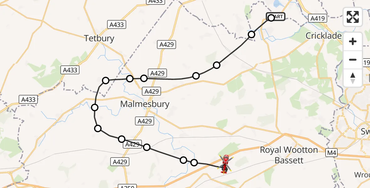 Flight route Air Ambulance Helicopter South Cerney - Dauntsey, 19 August 2026, 16:02