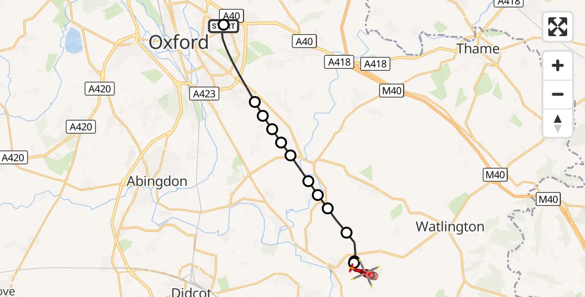 Flight route Air Ambulance Helicopter John Radcliffe Hospital - RAF Benson, 19 August 2026, 16:06