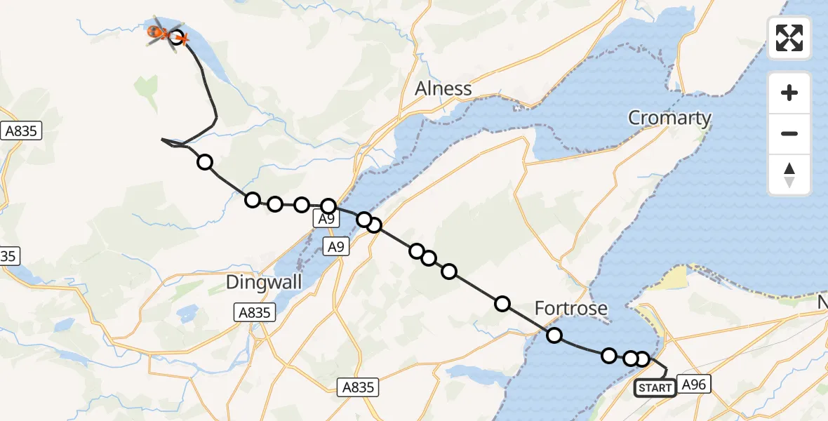 Flight route Coastguard Helicopter Inverness Airport - Highland, 19 August 2026, 16:07