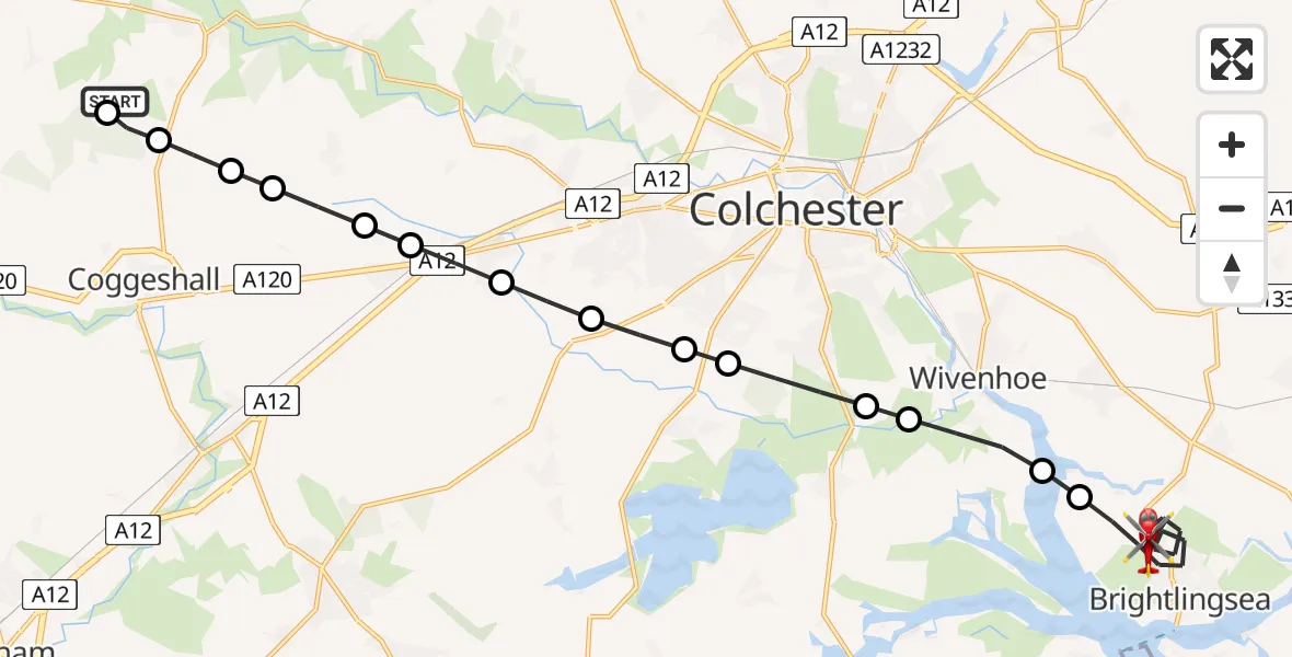 Flight route Air Ambulance Helicopter Earls Colne Airfield - Brightlingsea, 19 August 2026, 16:13