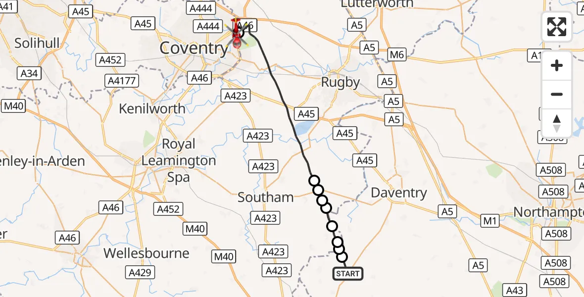 Flight route Air Ambulance Helicopter Byfield - Walsgrave, 19 August 2026, 16:17