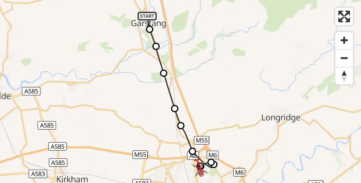 Flight route Air Ambulance Helicopter Garstang - Preston, 19 August 2026, 16:20