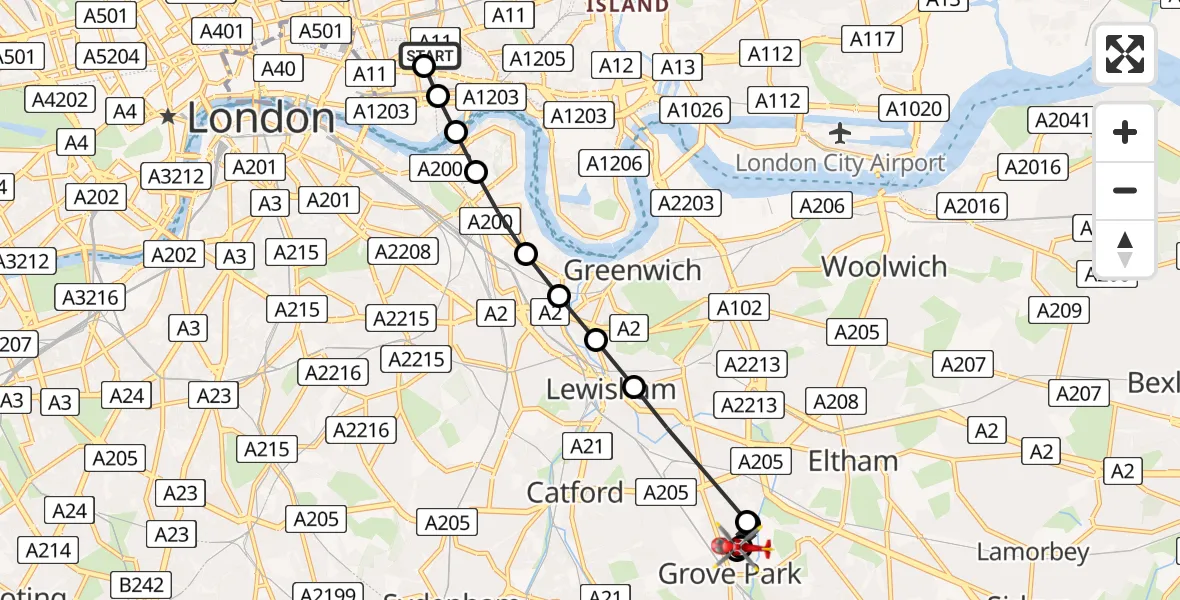Flight route Air Ambulance Helicopter Royal London Hospital - Chinbrook, 19 August 2026, 16:23