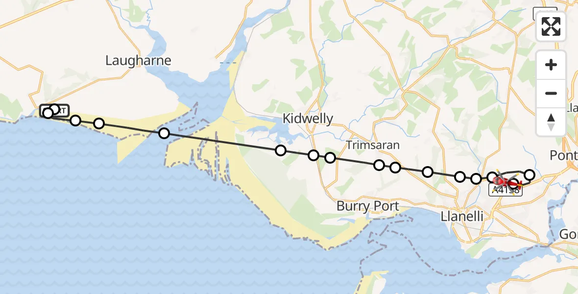 Flight route Air Ambulance Helicopter Llanmiloe - Dafen, 19 August 2026, 16:24