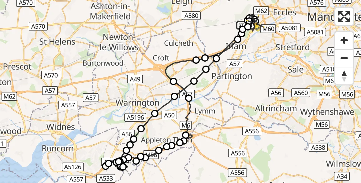 Flight route Police Helicopter Irlam - Manchester Barton Aerodrome, 19 August 2026, 16:31