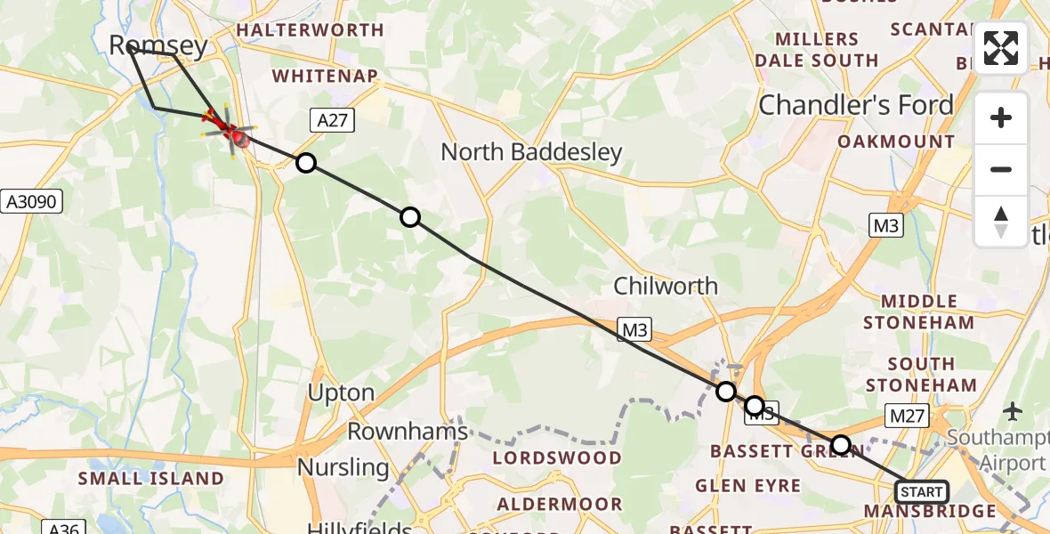 Flight route Air Ambulance Helicopter Mansbridge - Romsey, 19 August 2026, 16:32