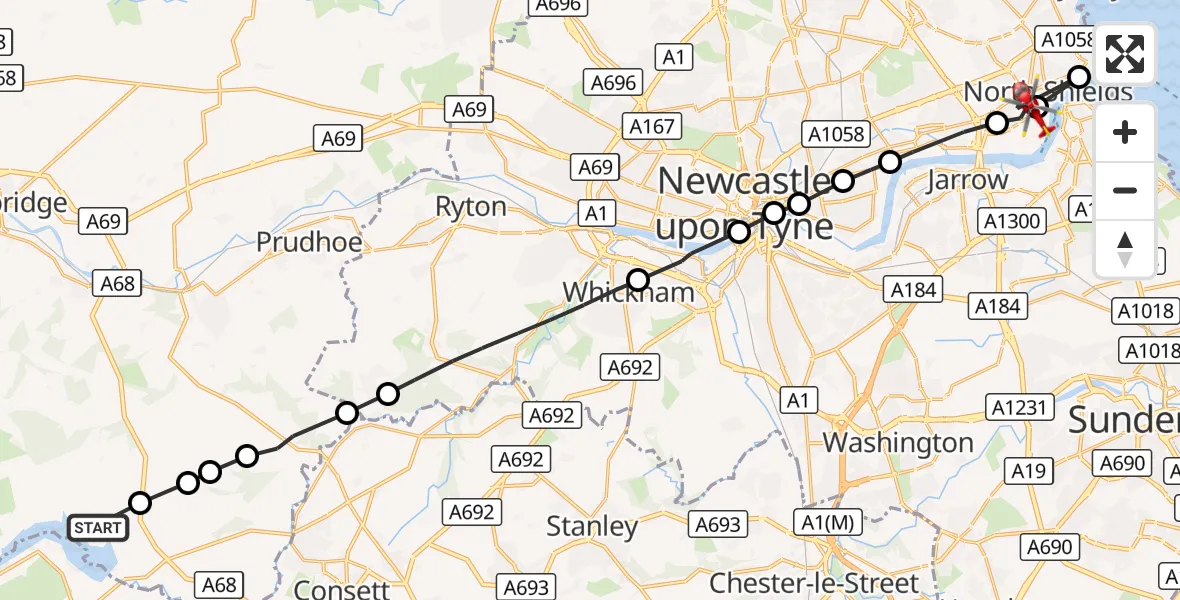 Flight route Air Ambulance Helicopter Healey - North Shields, 19 August 2026, 16:47