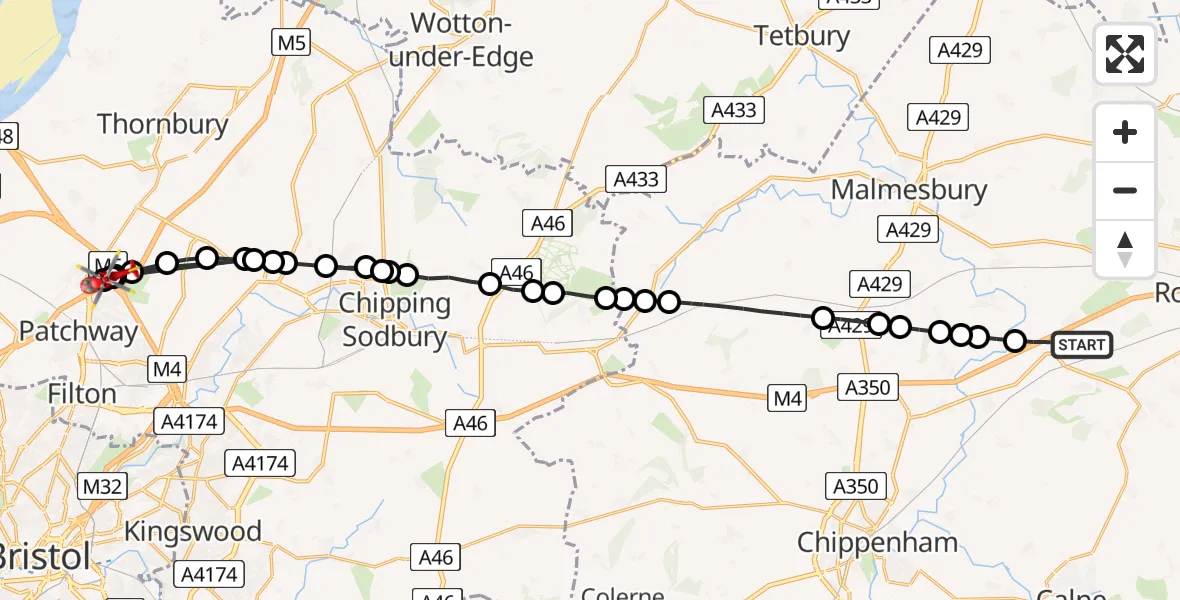 Flight route Air Ambulance Helicopter Dauntsey - Almondsbury Helicopter Base, 19 August 2026, 16:55