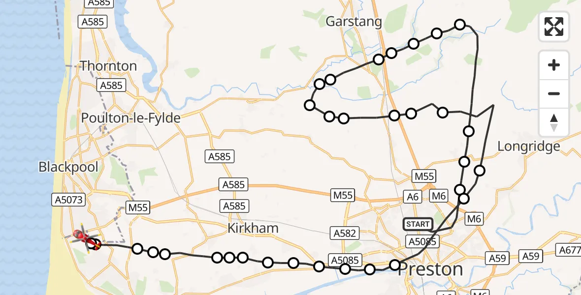 Flight route Air Ambulance Helicopter Preston - Blackpool Airport, 19 August 2026, 16:55