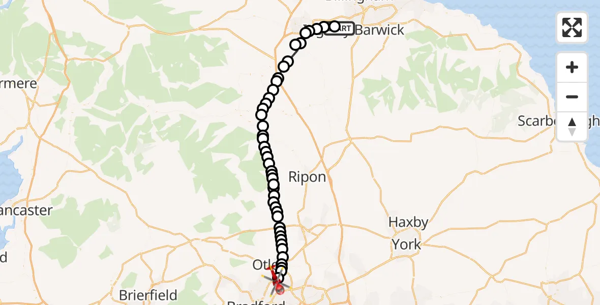 Flight route Air Ambulance Helicopter Egglescliffe - Leeds Bradford Airport, 19 August 2026, 16:56