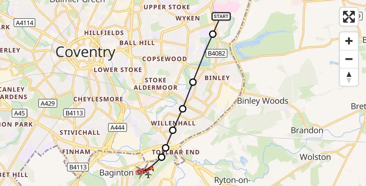 Flight route Air Ambulance Helicopter University Hospital Coventry - Coventry Airport, 19 August 2026, 16:56