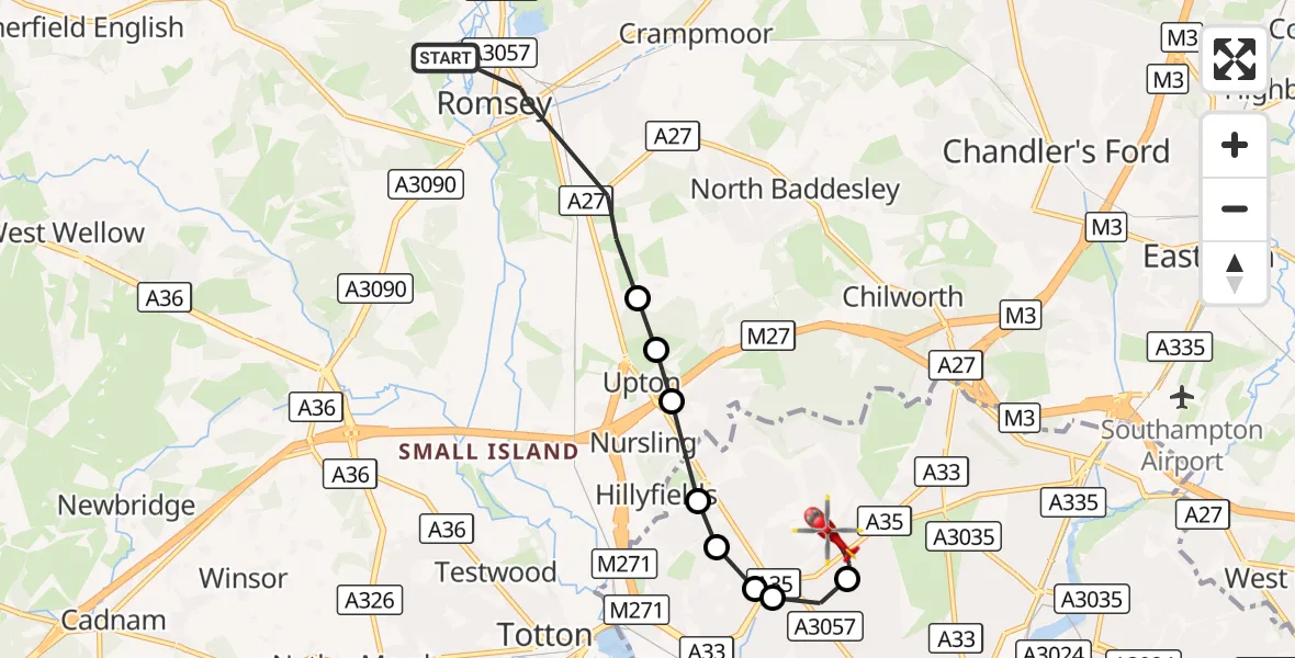 Flight route Air Ambulance Helicopter Romsey - Upper Shirley, 19 August 2026, 17:11
