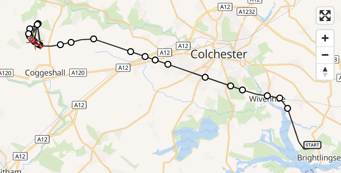 Flight route Air Ambulance Helicopter Brightlingsea - Coggeshall, 19 August 2026, 17:21