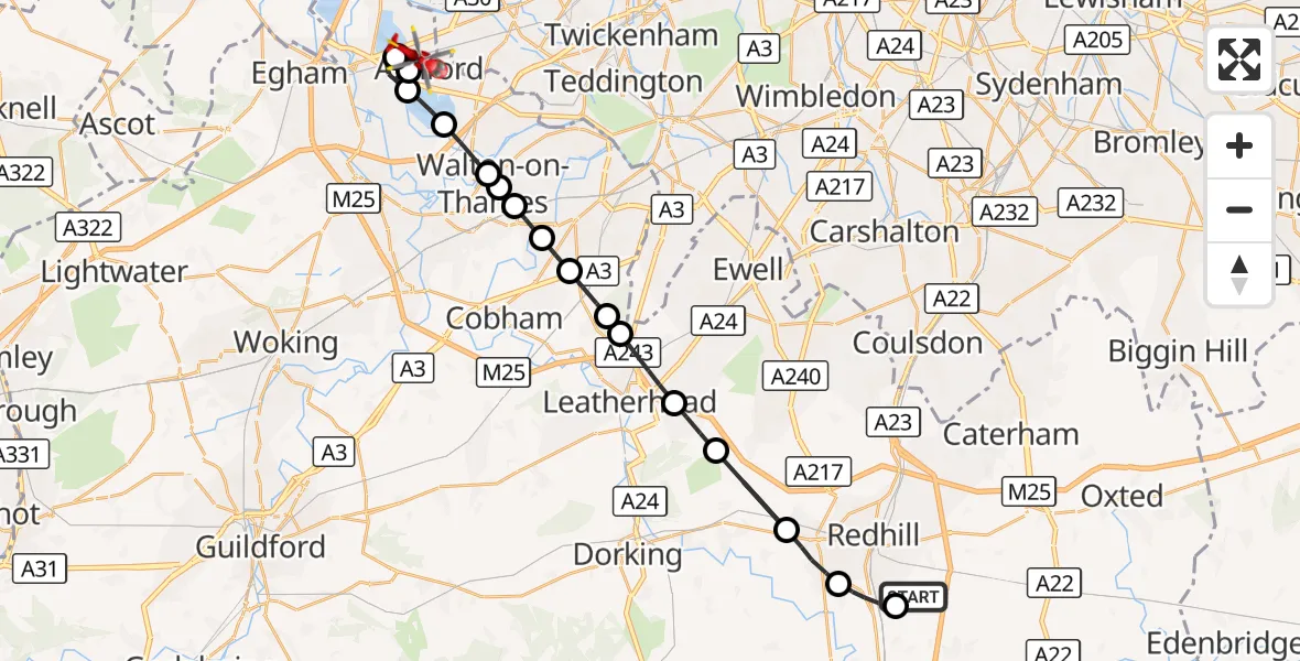 Flight route Air Ambulance Helicopter Redhill Aerodrome - Ashford, 19 August 2026, 17:21