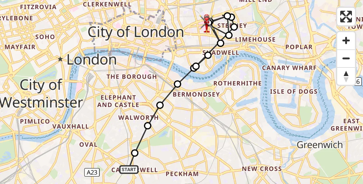 Flight route Air Ambulance Helicopter Camberwell - Royal London Hospital, 19 August 2026, 17:50