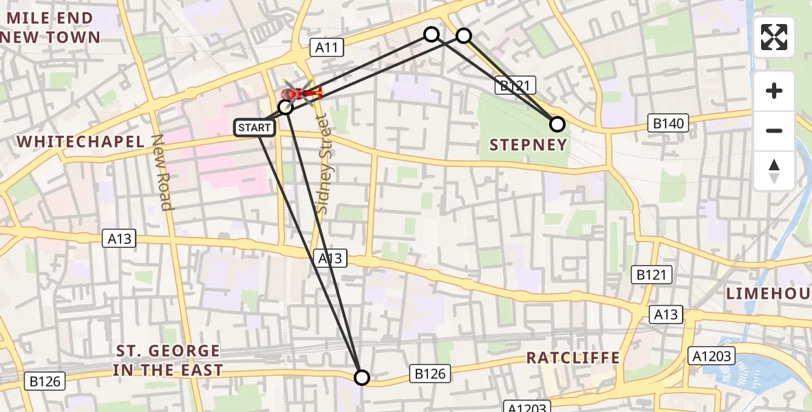 Flight route Air Ambulance Helicopter Royal London Hospital - Royal London Hospital, 19 August 2026, 17:54