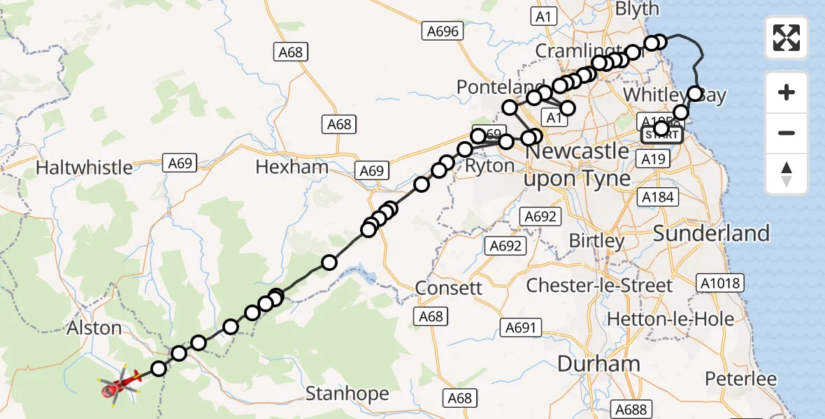 Flight route Air Ambulance Helicopter North Shields - Garrigill, 19 August 2026, 17:59