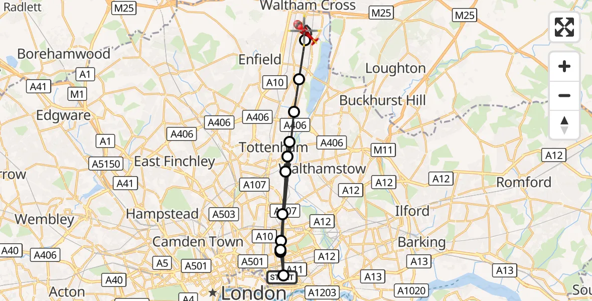 Flight route Air Ambulance Helicopter Royal London Hospital - Enfield, 19 August 2026, 18:10