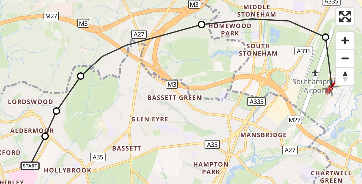Flight route Air Ambulance Helicopter University Hospital Southampton - Eastleigh, 19 August 2026, 18:12