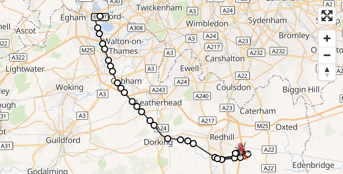 Flight route Air Ambulance Helicopter Ashford - Tandridge, 19 August 2026, 18:16