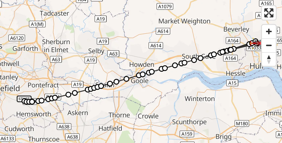 Flight route Air Ambulance Helicopter YAA Nostell Helicopter Port - Hull, 19 August 2026, 18:27