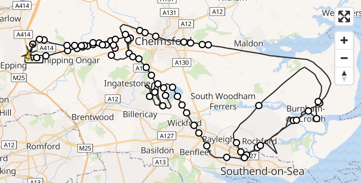 Flight route Police Helicopter Woodhatch - North Weald Airfield, 19 August 2026, 18:35