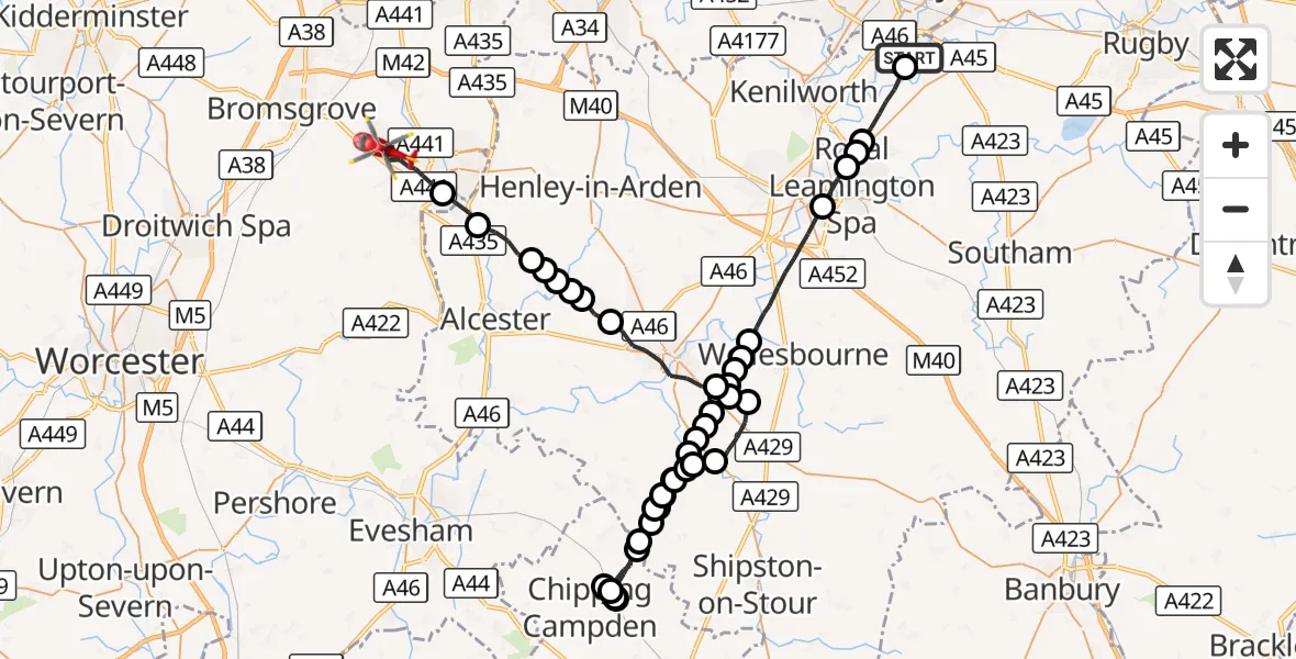 Flight route Air Ambulance Helicopter Coventry Airport - Redditch, 19 August 2026, 18:44