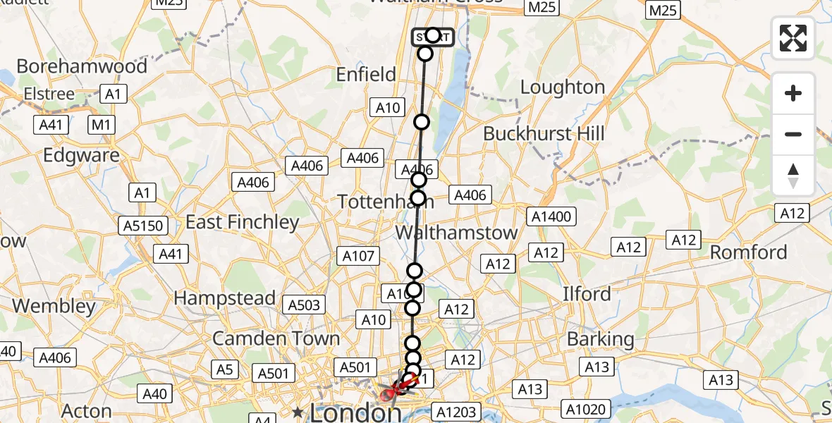 Flight route Air Ambulance Helicopter Enfield - Royal London Hospital, 19 August 2026, 18:53