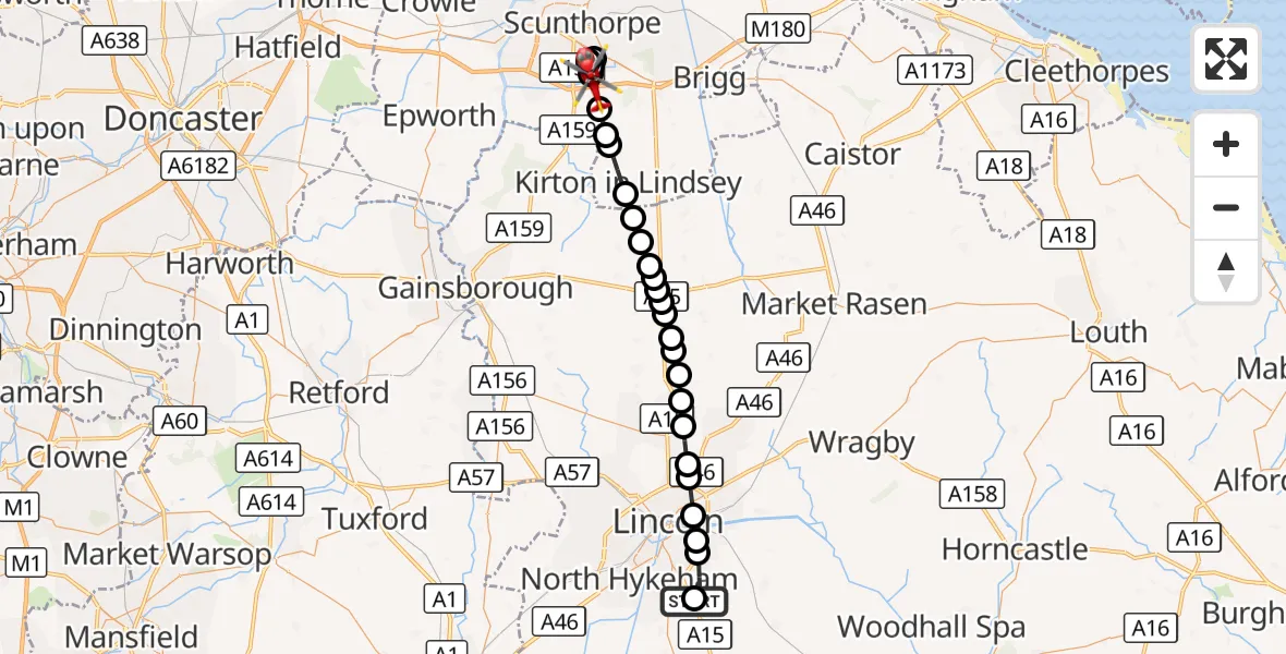 Flight route Air Ambulance Helicopter RAF Waddington - Messingham, 19 August 2026, 19:14