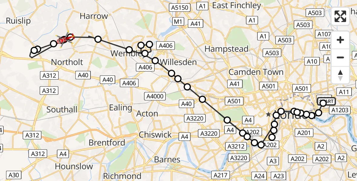 Flight route Air Ambulance Helicopter Royal London Hospital - Rayners Lane, 19 August 2026, 19:30