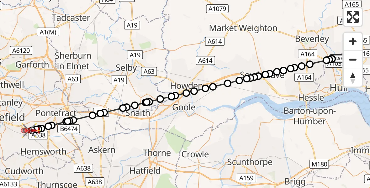Flight route Air Ambulance Helicopter Hull - YAA Nostell Helicopter Port, 19 August 2026, 19:33