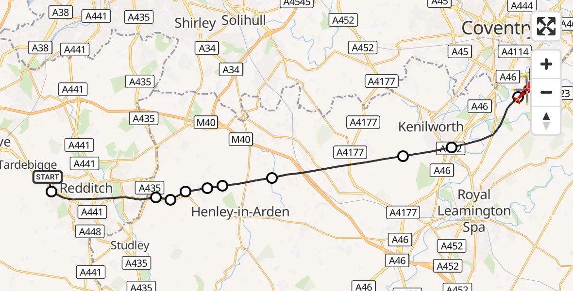 Flight route Air Ambulance Helicopter Bromsgrove - Coventry Airport, 19 August 2026, 20:02