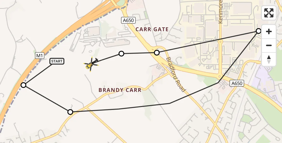 Flight route Police Helicopter East Ardsley - Wrenthorpe, 19 August 2026, 20:07